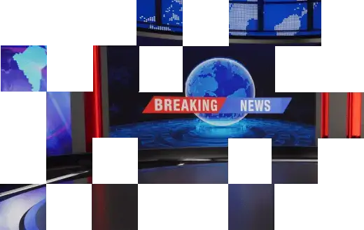 Breaking news broadcast in a modern TV studio with a world globe.